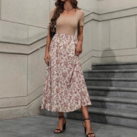 Womens Crew-Neck Elastic-Waist Floral Print Dress