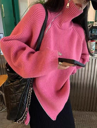 Loose, Mid-Length Effortless-Style Knitted Sweater For Women With Side Zipper And Lapel Design