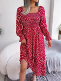 Women Square Neck Long Sleeve Vacation Rayon Pleated Maxi Dress