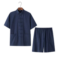 Men's Traditional Chinese Style Button-Placket Shirt And Middle-AgedSenior Monks Robe Two-Piece Set
