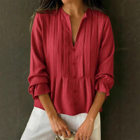 Casual Solid-color V-neck Long-sleeve Striped Cotton-linen Top