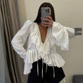 Womens Ruffled Flare-Sleeve Lace-Up Top Shirt