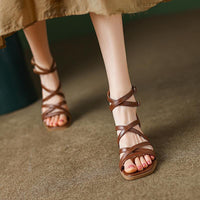 Brown Strappy Heels Vintage Stiletto-Strap Roman Sandals For Women
