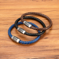 Men's 6mm Stainless Steel Magnetic-Clasp Leather Braided Bracelet