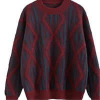 Rhombus Contrast Color Pullover Heavy Industry Sweater For Women