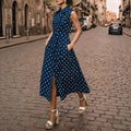 Sleeveless Retro Polka-Dot Collar Fake Button Lace-Up Womens Dress