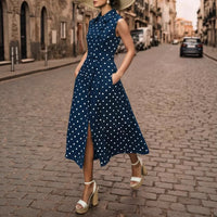 Sleeveless Retro Polka-Dot Collar Fake Button Lace-Up Womens Dress