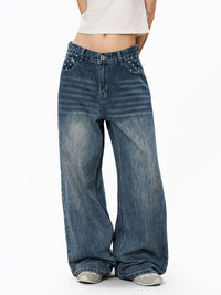 Star-print Wide-leg Denim Jeans For Women Washed Loose-fit Casual