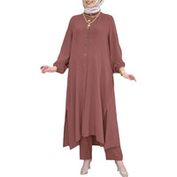 Womens Ice Silk Wrinkle-Effect Loose Solid-Colored Split Collar Shirt And Pants Set
