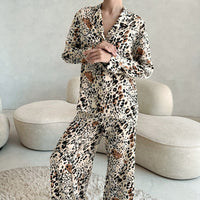 Leopard Print Floral Cardigan Pajamas For Women Long Sleeve Top And Pants For Lounging At Home