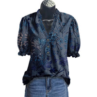 Printed Ruffle-Sleeve V-Neck Pullover Shirt