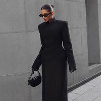 Temperament Shoulder-padded Waist-cinching Long Wool Coat For Women