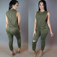 Fashion Casual Zipper Drawstring Digging Knee Broken Wind One-piece Skinny Trousers Jumpsuit Women