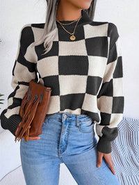 Contrast Color Checkerboard Loose And Lazy Style Stitching Sweater