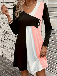 Contrast Color V Neck Long Sleeve Button Up Dress