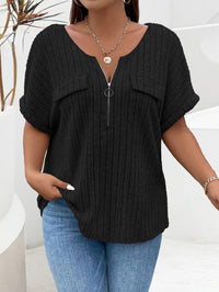 Solid-color Plus-size Top With Zipper Short Sleeves And Faux Pockets