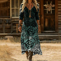 Rose Floral Print V-Neck Long-Sleeve Maxi Dress