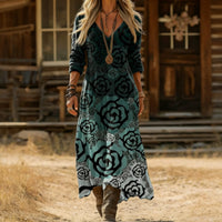 Rose Floral Print V-Neck Long-Sleeve Maxi Dress