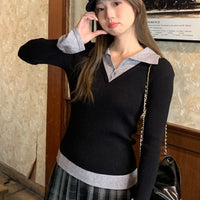 Polo-neck Flared Long-sleeve Elegant Sweater Top