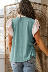 Light Blue Plus-Size Contrast Ruffle-Trimmed Collar Short-Sleeve Ribbed-Texture Shirt