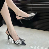 Rhinestone Bow Stiletto Heel One Strap Sandals, Sexy Pointed Toe Wide Width Pumps For Wide Feet, 2026 Closed Toe High Heels Women