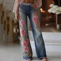 Womens Retro Printed Faux Denim Jeans