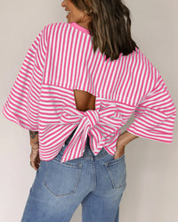 Womens Crew-Neck Striped Knitted Top With Back Tie Bow