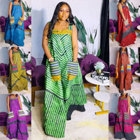 Printed Contrast Color Oversized Wide Leg Suspender Jumpsuit