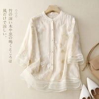 Artistic Retro Heavy Industry Embroidered Cotton And Linen Top