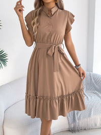 Stand-collar Ruffled Shirt Dress With A Tie Waist