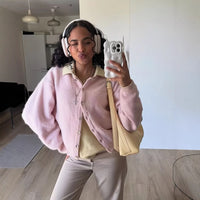Natural Shell Button Simple And Thin Round Neck Velvet Cardigan Women's Sweater