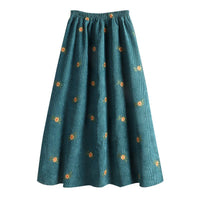Womens High-Waisted Slimming Corduroy Embroidered Midi Skirt With An Elegant Touch