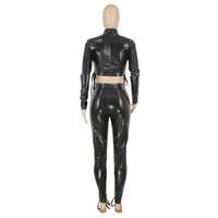 Sexy Slim-fit Lace Up Short Top Leather Pants Suit