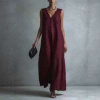 Women's Casual V-Neck Sleeveless Cotton-Linen Dress