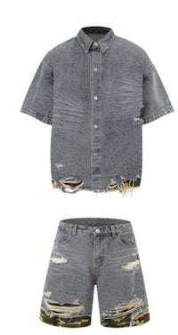 Cut Edge Stitching Leopard Print Denim Short Sleeve