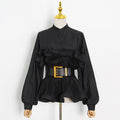 Stand Collar Long Sleeve Pleated Ruffled Sneaky Design Lace-up Top