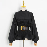 Stand Collar Long Sleeve Pleated Ruffled Sneaky Design Lace-up Top