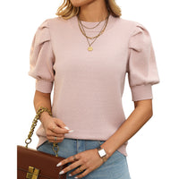 Womens Casual Crew-Neck Puff-Sleeve Sweater In Solid Color With Short Sleeves