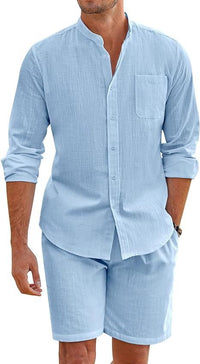 Men's Cotton Linen Comfortable Long Sleeve Shirt Shorts Suit
