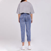 Ladies Trousers High-waisted Butt-lifting Holes Casual Straight-leg Denim Trousers