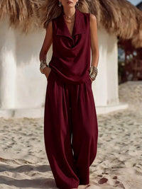 Solid-color Women's Flowing Collar Two-piece Set