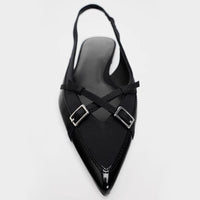 Closed Toe Sandals Women's Black Cross Strap Patent Leather Flat Casual Mules