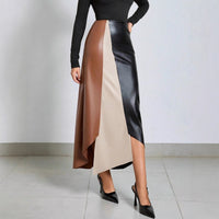 PU Colorblock Leather Skirt High-Waisted Zipper Midi Skirt