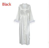Textured Satin Feather Long-sleeve Nightgown Bathrobe Loungewear
