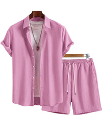 Men's Solid Color Lapel Short-Sleeve Shirt And Shorts Set