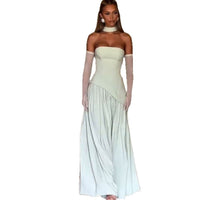 Womens Strapless Sleeveless Pleated Patchwork Bodycon Sheath Long Dress
