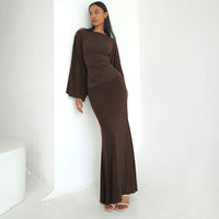 Elegant Loose-Fitting Defined-Waist Long-Sleeve Top And Skirt Set For Women