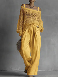 Womens Comfortable Hollow-Out Knitted Top And Linen Pants Two-Piece Set
