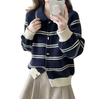 Korean Style Contrast Color Striped Lapel Sweater Cardigan
