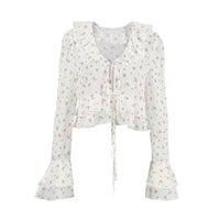 Women's Chiffon Printed Slim-fit Flared Sleeves Tied Lotus Leaf Shirt